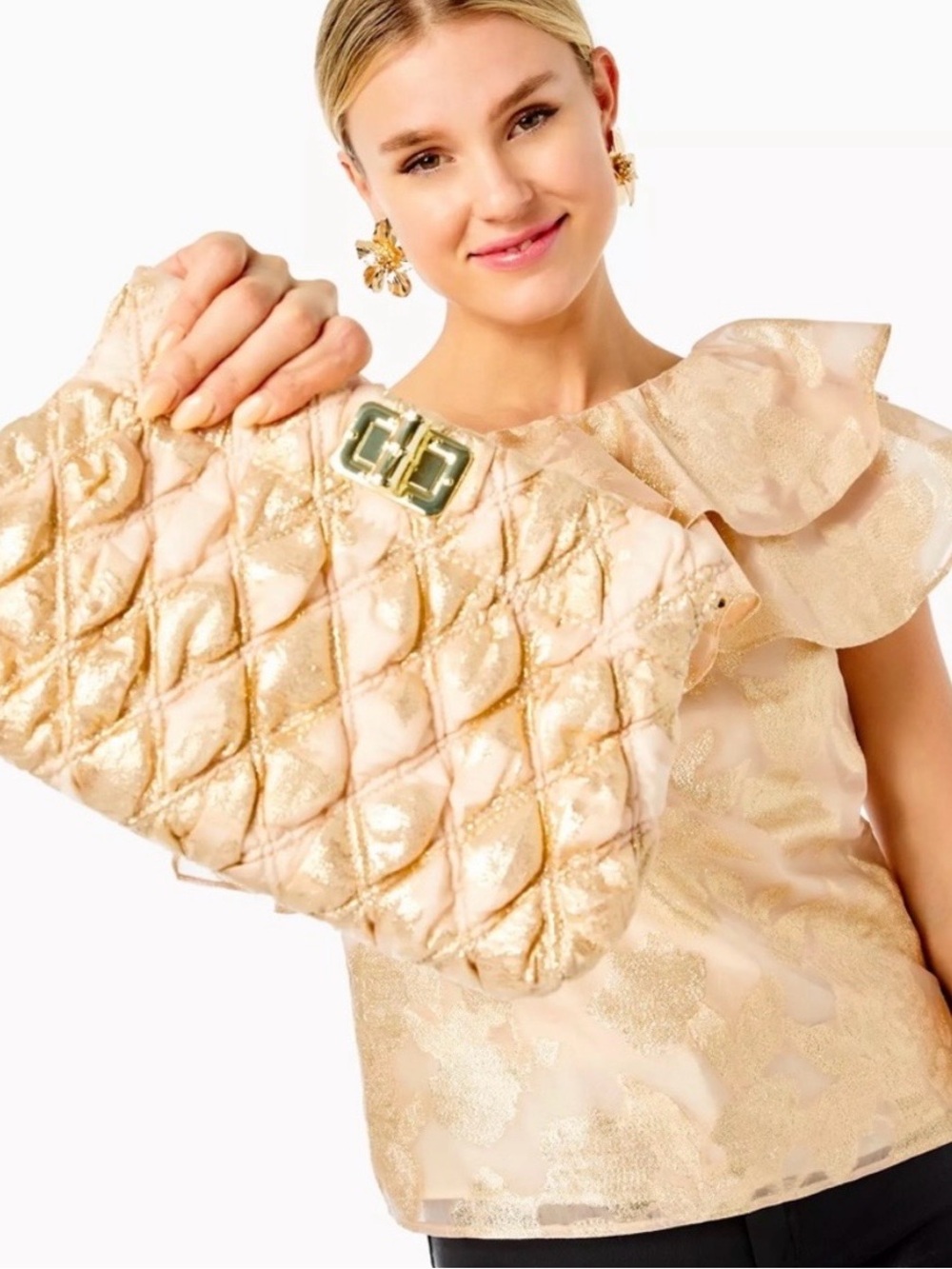 Lilly Pulitzer Cream Quilted Clutch with Gold Hardware